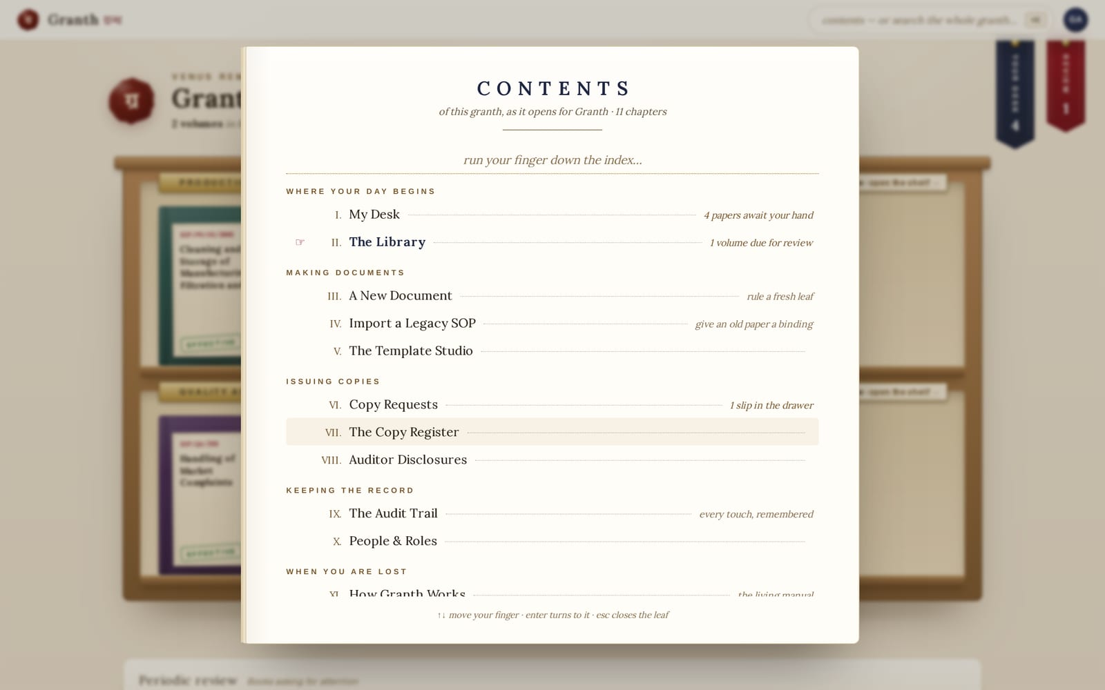 The command palette open, listing every destination — Library, My desk, Create a new document, Template studio, Copy requests, Copy register, Audit trail.