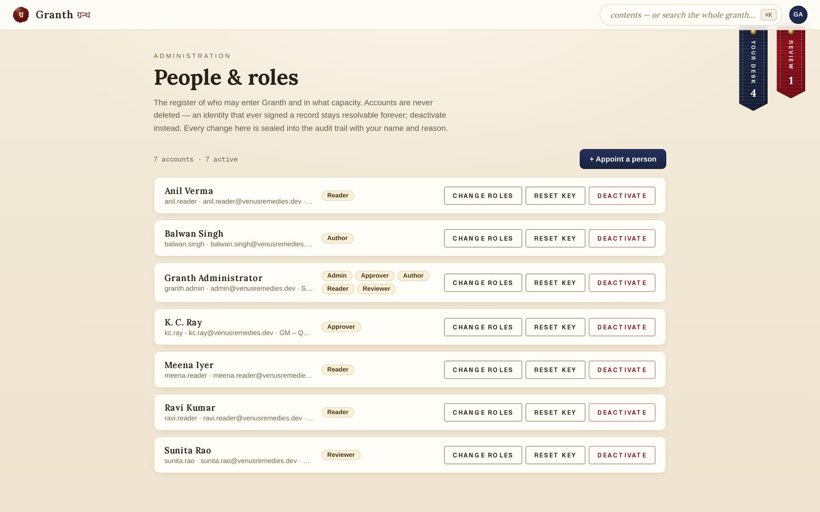 The People register: a list of accounts with their roles, and controls to add a person or change roles.