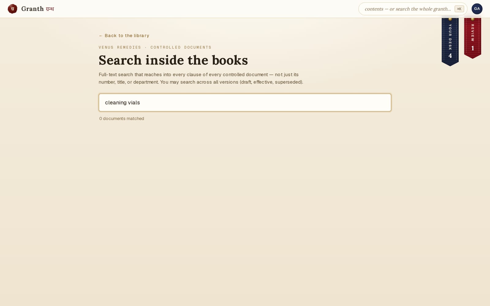 Full-text search results, each showing the matching clause with a highlighted snippet.