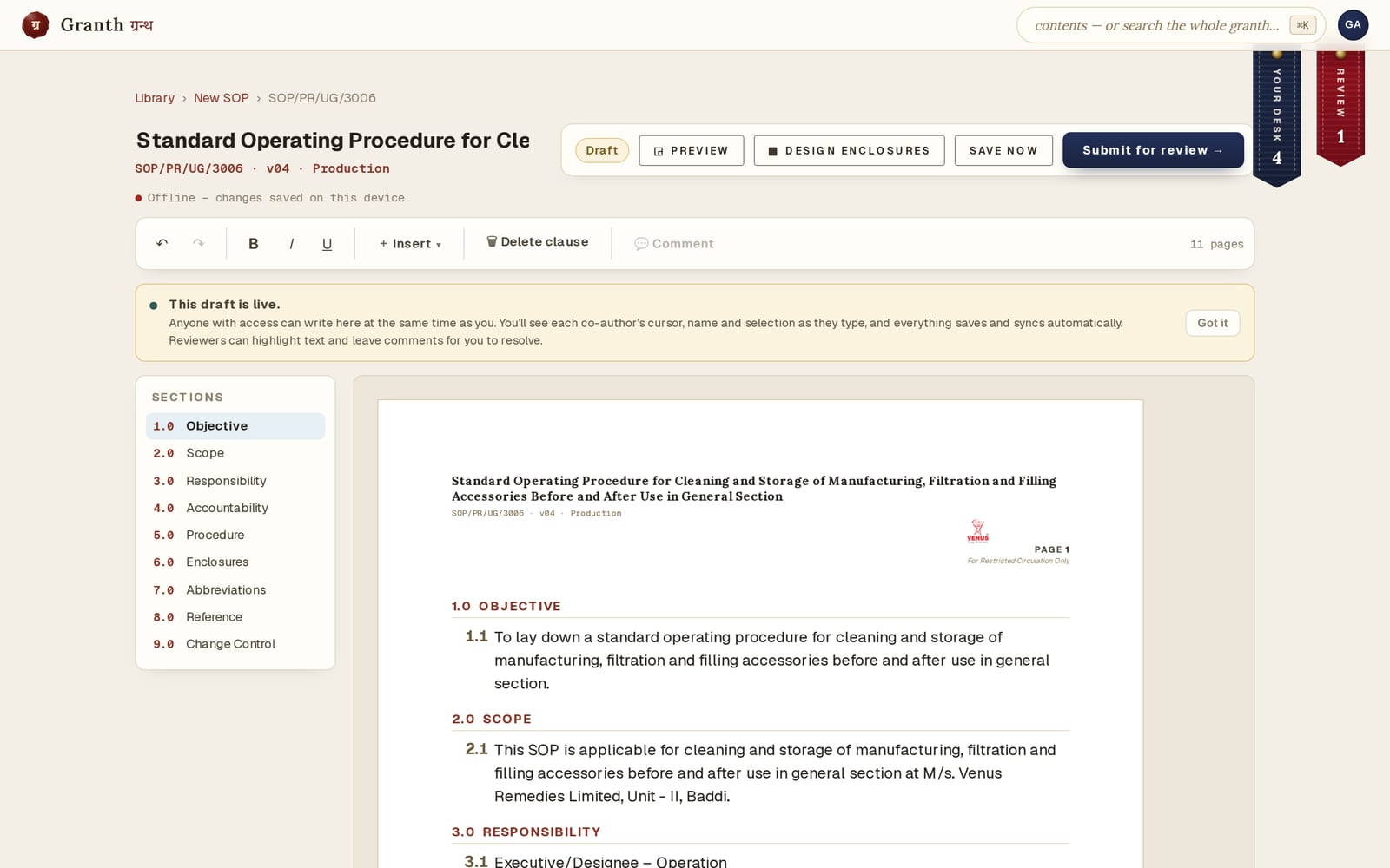 The authoring editor: a section outline on the left, a formatting toolbar, and the SOP being written inside the framed A4 page.