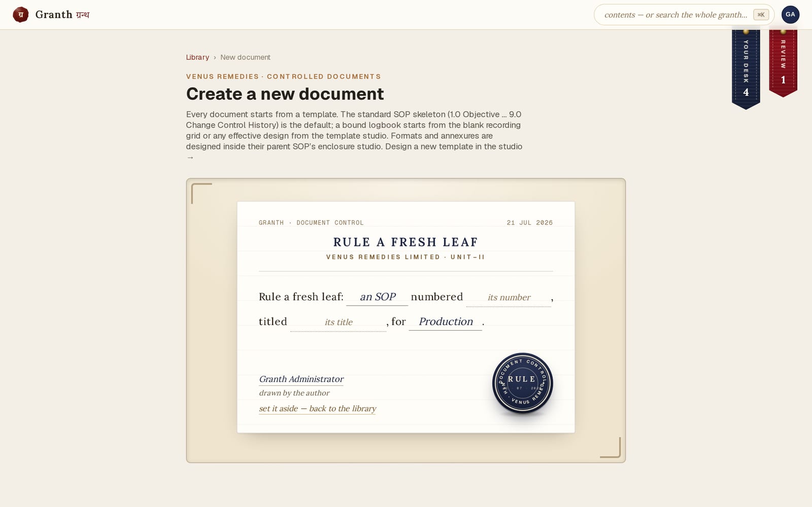 The Create a new document screen: a Start from template picker with SOP selected by default, and fields for number and title.