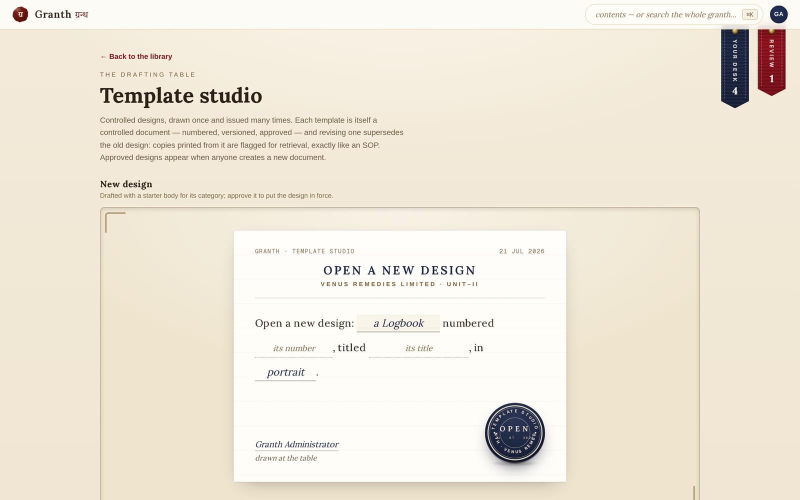The template studio: a New design form and a ledger of designs with category plates, versions, lifecycle stamps and Approve/Revise actions.